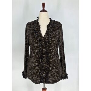 Boden Womens Black Tan Polka Dot Ruffle V-Neck Button Front Blouse Size US 14